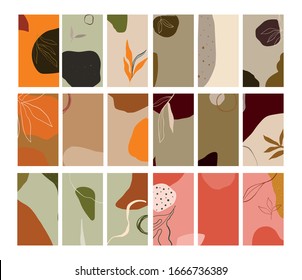 Creative collage templates with leaves for media frame. Set of simple social print for media frame. Creative minimal templates for story with abstract pastel colorful shapes, scribble. 
