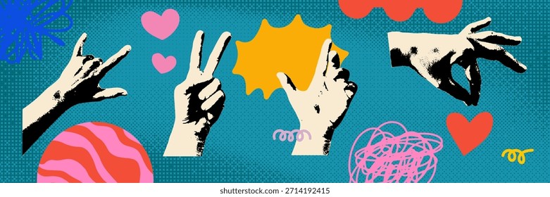 Kreative Collage mit Vintage-Händen und Doodle-Elementen. Retro-Fotokopieeffekt für Gestenzeichen