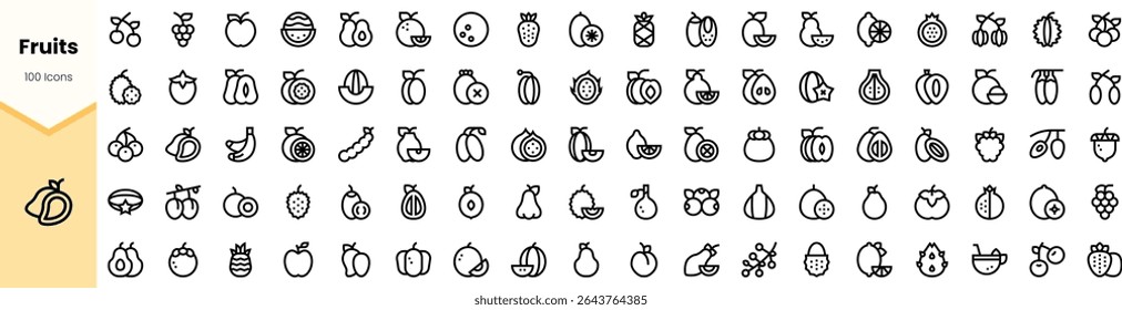 A creative collection of 100 minimalist fruit icons, showcasing various shapes and outlines, perfect for digital design projects or food-related themes.