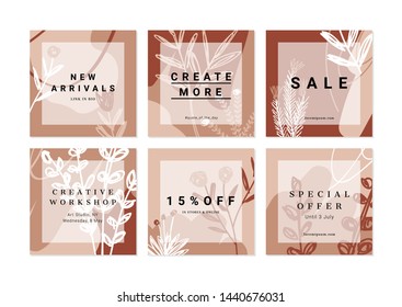 Creative Collection of 6 hand drawn vector backgrounds. Floral elements, abstract shapes, doodles. Modern promotion square web banners for social media mobile apps.