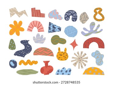 Coleção criativa de formas orgânicas abstratas de rabiscar recortadas de fragmentos de papel texturizados coloridos. Elementos de formas geométricas e naturais para a arte de colagem na moda e design bonito ilustração vetorial