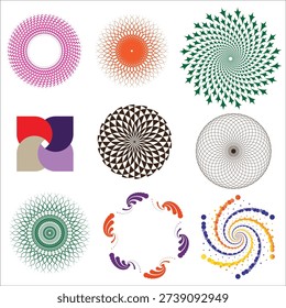 A creative collection of abstract geometric radial shapes and circular motifs featuring dynamic symmetry, perfect for decorative design, branding, patterns, and modern visuals.