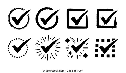 Creative collection of black check mark icons isolated on white background