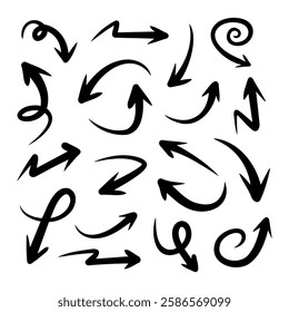 Creative collection of black hand drawn arrows isolated on white background