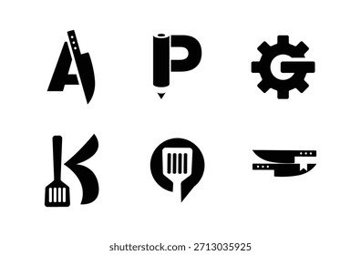 Colección creativa de logotipos de letras en blanco y negro integrados con herramientas como cuchillos, lápices, engranajes y espátulas, ideales para la marca profesional y la identidad empresarial.