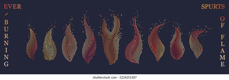 Creative collection of burning flame tongues. Bright shimmering flame. Vector line art design