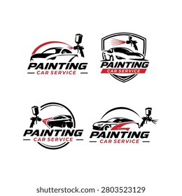 Creative collection of car painting service logos featuring spray gun, sports car silhouette, shield emblem, and modern typography. Ideal for automotive workshops, body repair shops, detailing centers, vehicle refinishing, branding projects, and transportation businesses. Editable vector isolated on white background.