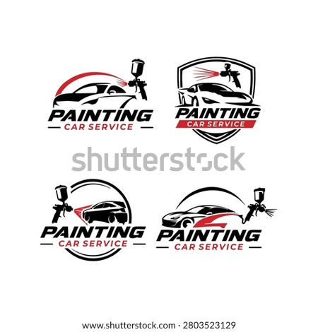 Creative collection of car painting service logos featuring spray gun, sports car silhouette, shield emblem, and modern typography. Ideal for automotive workshops, body repair shops, detailing centers, vehicle refinishing, branding projects, and transportation businesses. Editable vector isolated on white background.