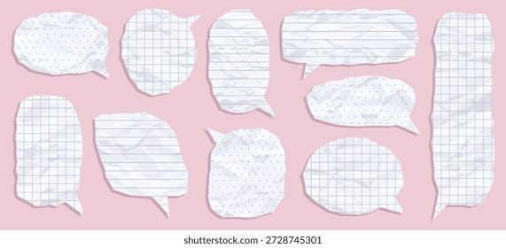 Creative collection of crumpled paper speech bubbles with realistic cut out design isolated set. Message chat boxes templates with wrinkled textures and empty blank copy space vector illustration