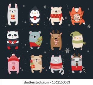 Creative collection of cute animals for New Year. Vector cartoon doodle isolated illustration. Winter holidays, baby shower, birthday, children's party