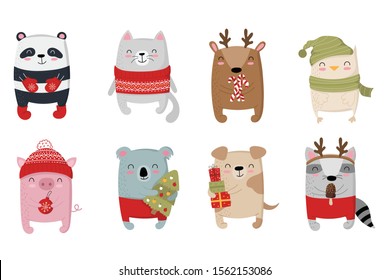 Creative collection of cute animals for New Year. Vector cartoon doodle isolated illustration. Winter holidays, baby shower, birthday, children's party