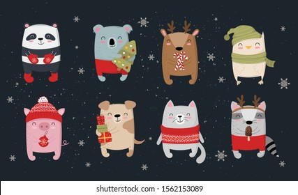 Creative collection of cute animals for New Year. Vector cartoon doodle isolated illustration. Winter holidays, baby shower, birthday, children's party