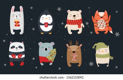 Creative collection of cute animals for New Year. Vector cartoon doodle isolated illustration. Winter holidays, baby shower, birthday, children's party