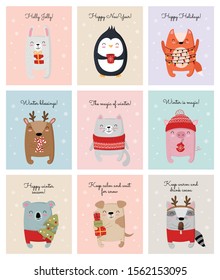 Creative collection of cute animals for New Year. Vector cartoon doodle isolated illustration. Winter holidays, baby shower, birthday, children's party