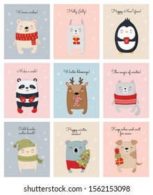 Creative collection of cute animals for New Year. Vector cartoon doodle isolated illustration. Winter holidays, baby shower, birthday, children's party