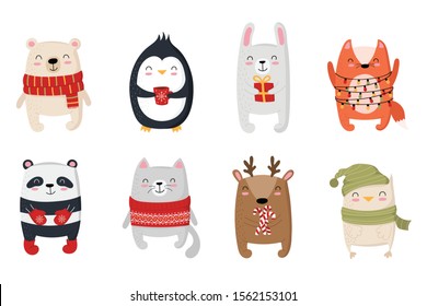 Creative collection of cute animals for New Year. Vector cartoon doodle isolated illustration. Winter holidays, baby shower, birthday, children's party