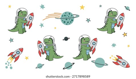 Creative collection of cute astronaut dinosaur stickers with rockets, stars, and planets for fun space-themed school projects and crafts.