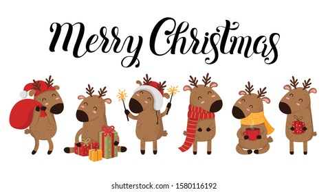 Creative collection of cute deer for Christmas and New Year cute deer. Vector cartoon doodle isolated illustration. Set of funny reindeer. Winter holidays, baby shower, birthday, children's party