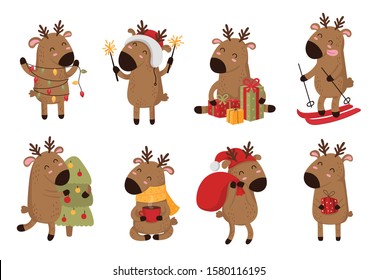 Creative collection of cute deer for Christmas and New Year cute deer. Vector cartoon doodle isolated illustration. Set of funny reindeer. Winter holidays, baby shower, birthday, children's party