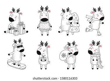 Creative collection of cute deer for Christmas and New Year cute deer. Vector cartoon doodle isolated illustration. Set of funny reindeer. Winter holidays, baby shower, birthday, children's party