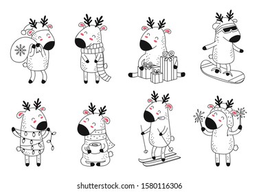 Creative collection of cute deer for Christmas and New Year cute deer. Vector cartoon doodle isolated illustration. Set of funny reindeer. Winter holidays, baby shower, birthday, children's party
