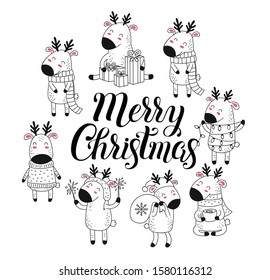 Creative collection of cute deer for Christmas and New Year cute deer. Vector cartoon doodle isolated illustration. Set of funny reindeer. Winter holidays, baby shower, birthday, children's party