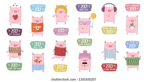 Creative collection of cute pigs for New 2019 Year. Symbol of the year in the Chinese calendar. Vector illustration cartoon isolated. Year of yellow pig.
