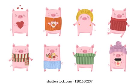 Creative collection of cute pigs for New 2019 Year. Symbol of the year in the Chinese calendar. Vector illustration cartoon isolated. Year of yellow pig.
