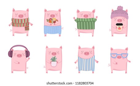 Creative collection of cute pigs for New 2019 Year. Symbol of the year in the Chinese calendar. Vector illustration cartoon isolated. Year of yellow pig.

