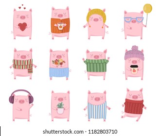 Creative collection of cute pigs for New 2019 Year. Symbol of the year in the Chinese calendar. Vector illustration cartoon isolated. Year of yellow pig.