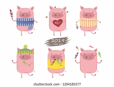 Creative collection of cute pigs for New 2019 Year. Illustration cartoon isolated. Year of yellow pig. Vector