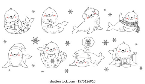 Creative collection of cute seals in cozy clothes for Christmas and New Year. Vector cartoon doodle isolated illustration. Winter holidays, baby shower, birthday, children's party