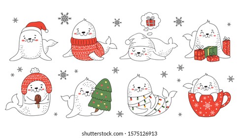 Creative collection of cute seals in cozy clothes for Christmas and New Year. Vector cartoon doodle isolated illustration. Winter holidays, baby shower, birthday, children's party