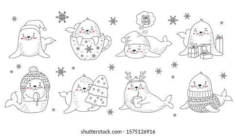 Creative collection of cute seals in cozy clothes for Christmas and New Year. Vector cartoon doodle isolated illustration. Winter holidays, baby shower, birthday, children's party