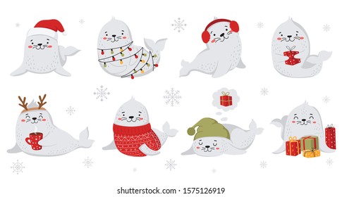 Creative collection of cute seals in cozy clothes for Christmas and New Year. Vector cartoon doodle isolated illustration. Winter holidays, baby shower, birthday, children's party
