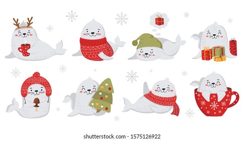 Creative collection of cute seals in cozy clothes for Christmas and New Year. Vector cartoon doodle isolated illustration. Winter holidays, baby shower, birthday, children's party