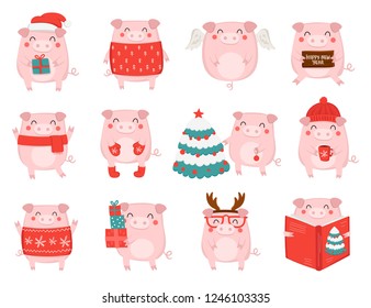 Creative collection of cute winter pigs for New 2019 Year. Symbol of the year in the Chinese calendar. Vector cartoon isolated illustration. Year of yellow pig.