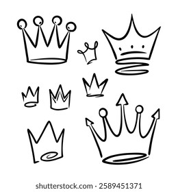 Creative collection of doodle crowns, symbols of kings and queens