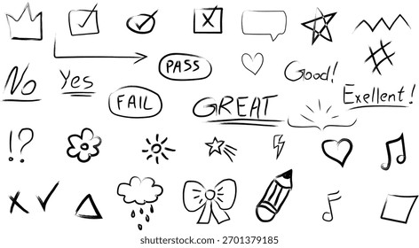 Creative collection of hand drawn doodle icons and symbols in marker brush style. Includes arrows, hearts, stars, check marks, and words like “Yes”, “No”, “Pass”, and “Great”. Perfect for infographics