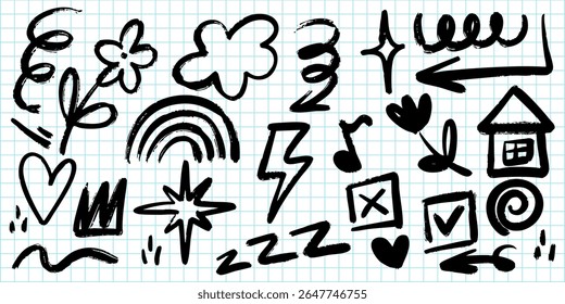 creative collection of hand drawn doodles on grid notebook paper, featuring whimsical sketches such as arrows, hearts, flowers, stars, clouds, rainbows, checkboxes, and musical notes.