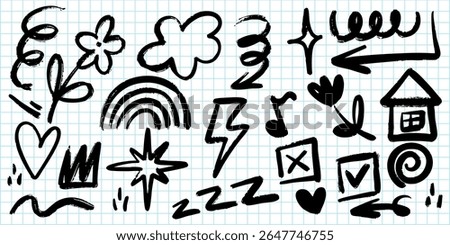 creative collection of hand drawn doodles on grid notebook paper, featuring whimsical sketches such as arrows, hearts, flowers, stars, clouds, rainbows, checkboxes, and musical notes.