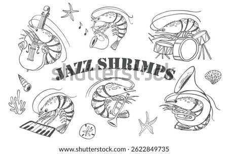 Creative collection of hand drawn shrimps playing musical instruments in black and white line art style