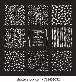 Creative collection of handcrafted design elements: hand drawn textures, brushe strokes, natural graphic patterns, floral ornaments, abstract lines, tribal symbols made with ink. Isolated vector set.