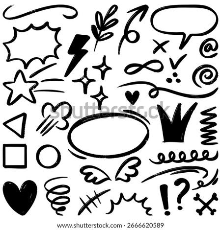 creative collection of hand-drawn doodle elements in black ink, featuring speech bubbles, arrows, stars, hearts, shapes, swirls, and decorative symbols.