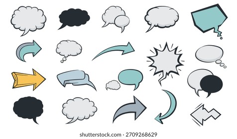 A creative collection of hand-drawn speech bubbles, thought clouds, and arrows in different styles and muted colors on a white background.