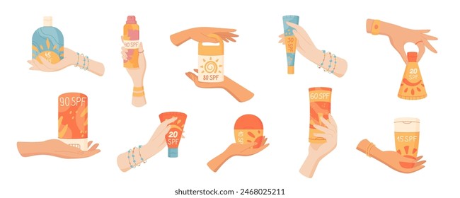 Creative collection with hands hold sun screen product, flat woman character with sun block cream bottle or uv protection lotion pack, isolated hand holds sunscreen spray container or moisturizer tube