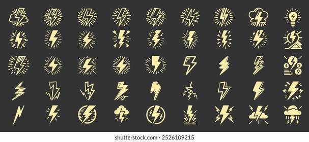 Creative collection of lightning and thunder symbols designed for weather-themed graphics and illustrations in various styles