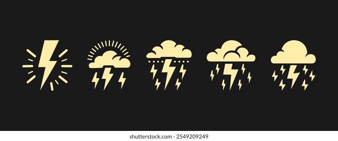 Colección creativa de símbolos de relámpagos y truenos diseñados para gráficos e ilustraciones con temas de Clima en varios estilos