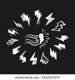 Creative collection of lightning and thunder symbols designed for weather-themed graphics and illustrations in various styles