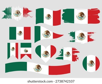 Creative collection of Mexico flag designs in various styles including waving flags, brush strokes, banners, heart shape, circle, and grunge textures. High-quality Mexican national flag illustrations isolated on light background, perfect for patriotic, cultural, holiday, and independence day projects, branding, and graphic design.